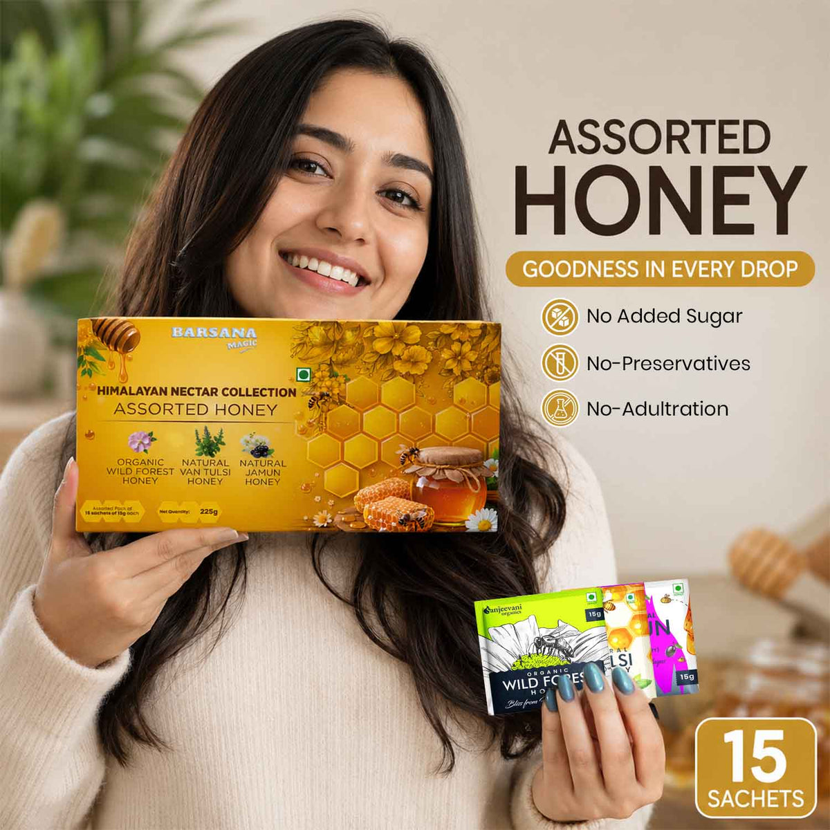 Barsana Magic and Woman holding a box of Barsana assorted honey with product packaging displayed.