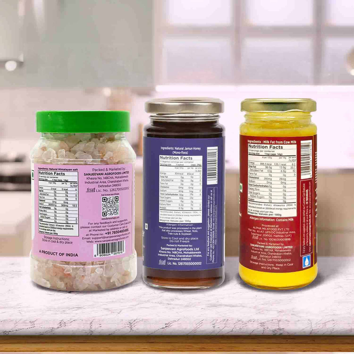 Barsana Magic and Three jars with labels on a kitchen counter