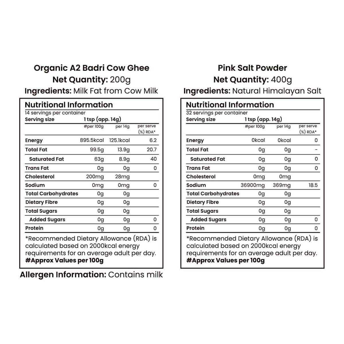 Barsana Magic and Nutritional information labels for Organic A2 Badri Cow Cow Ghee and Pink Salt Powder on a white background.
