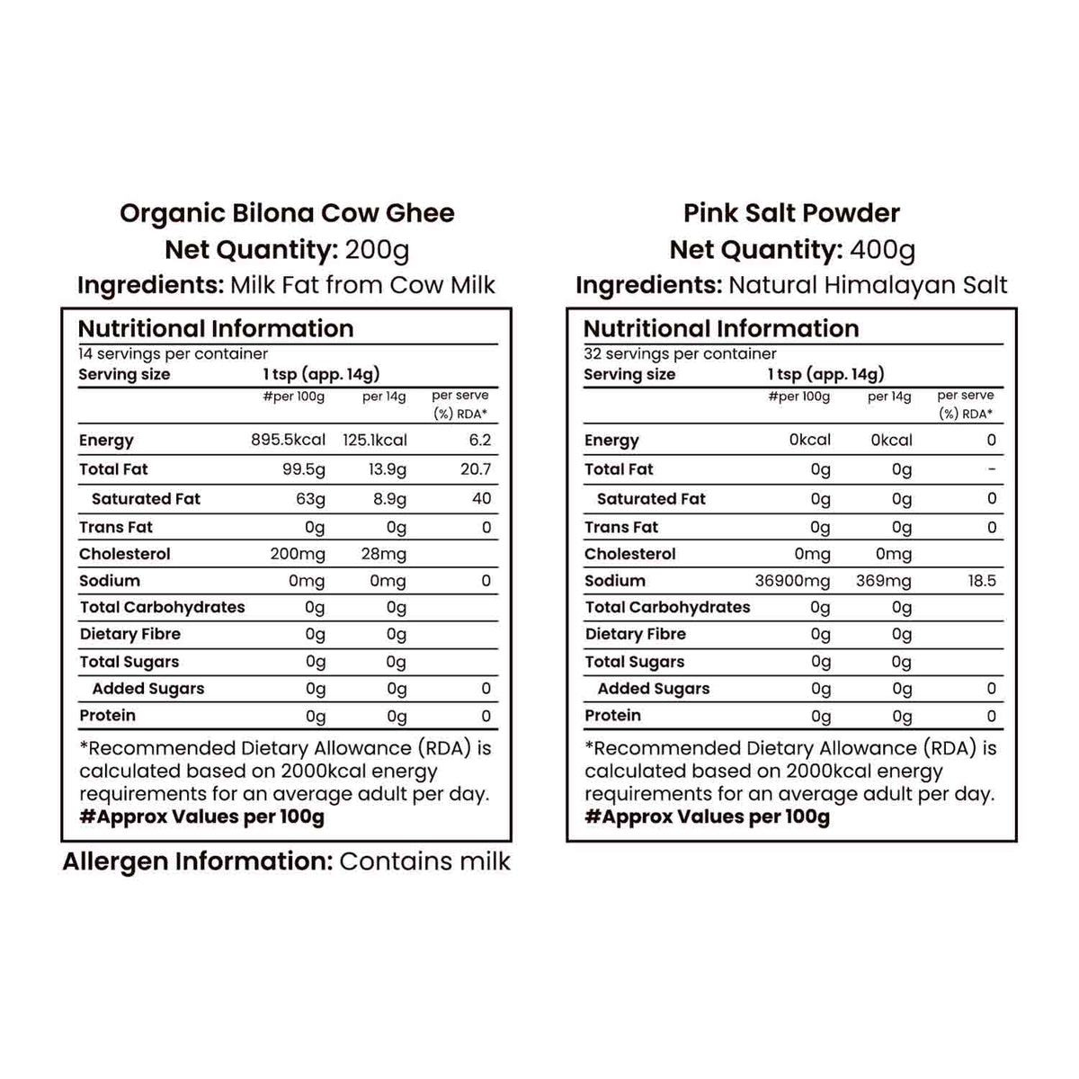 Barsana Magic and Nutritional information labels for Organic Bilona Cow Ghee and Pink Salt Powder on a white background.