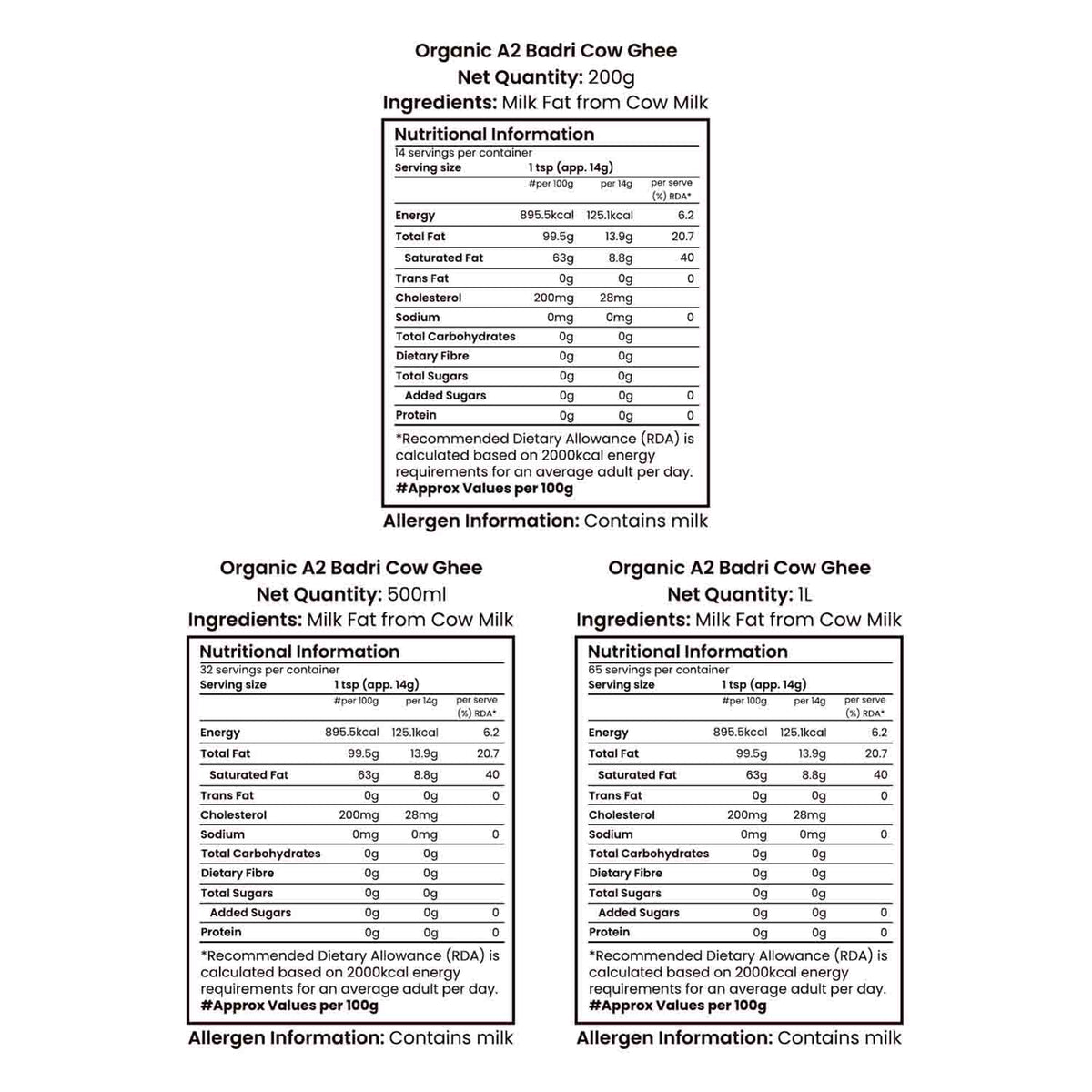 Barsana Magic and Nutritional information and ingredient list for Organic A2 Badri Cow Ghee on a white background.
