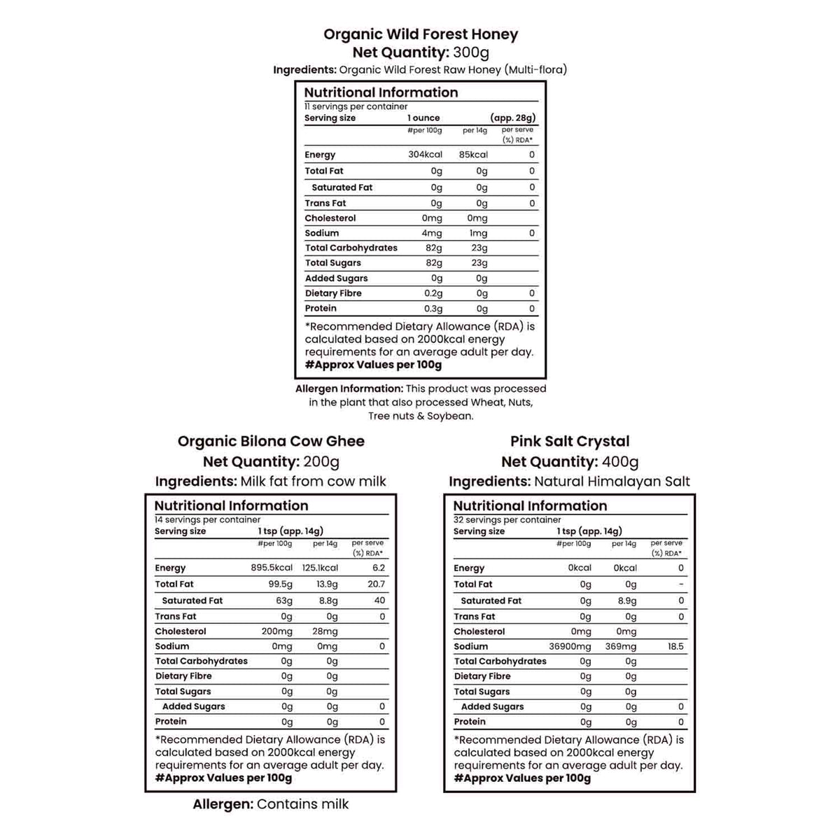 Barsana Magic and Nutritional information labels for Organic Wild Forest Honey, Organic Bilona Cow Ghee, and Pink Salt Crystal on a white background.