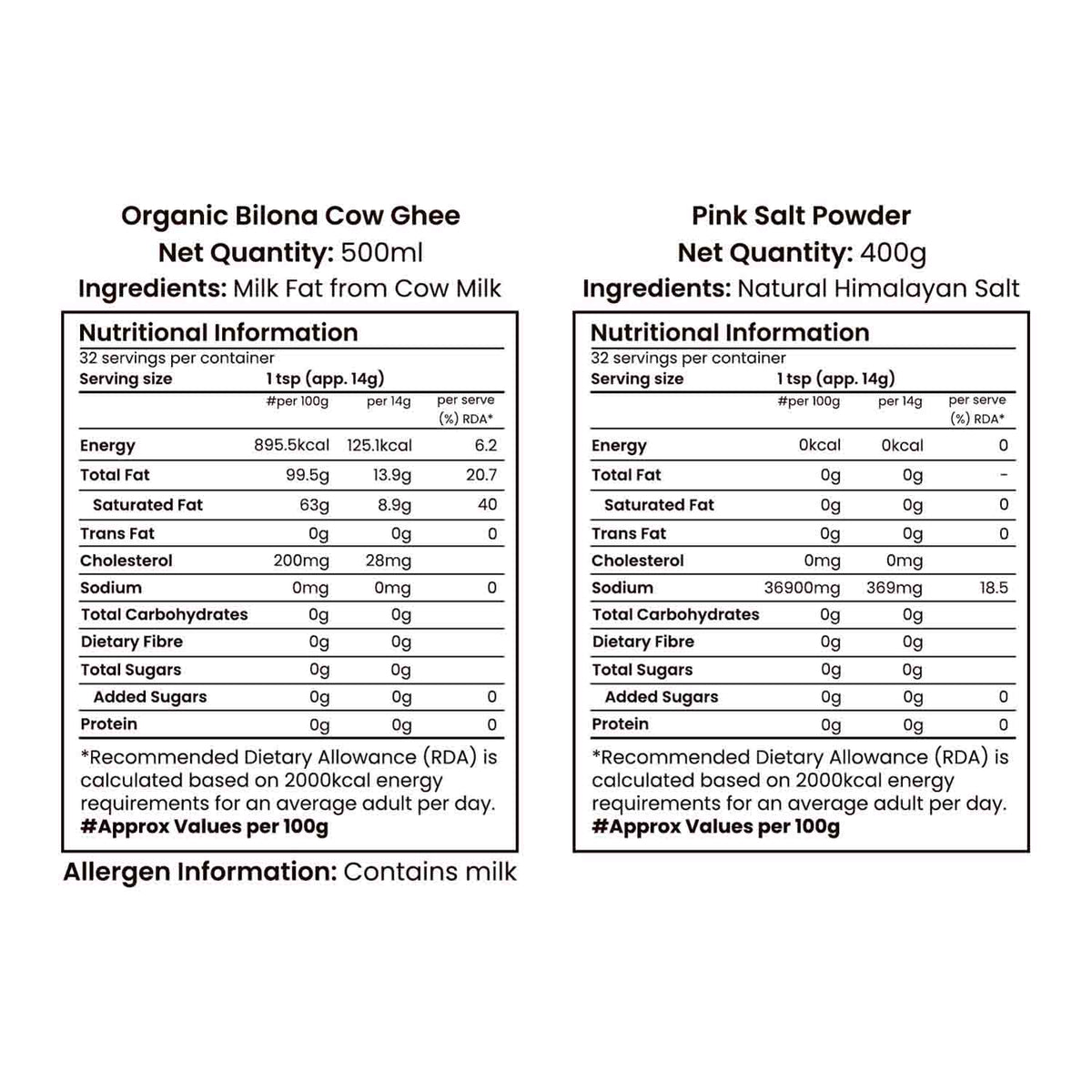 Barsana Magic and Nutritional information labels for Organic Bilona Cow Ghee and Pink Salt Powder on a white background.