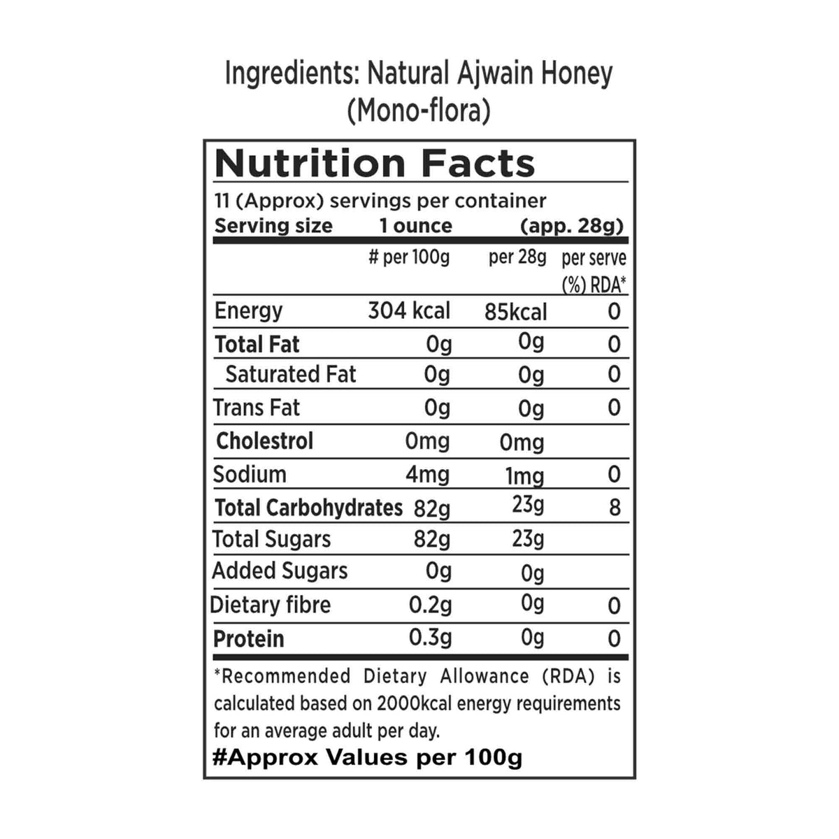 Barsana Magic and Nutrition facts label for natural ajwain honey on a white background