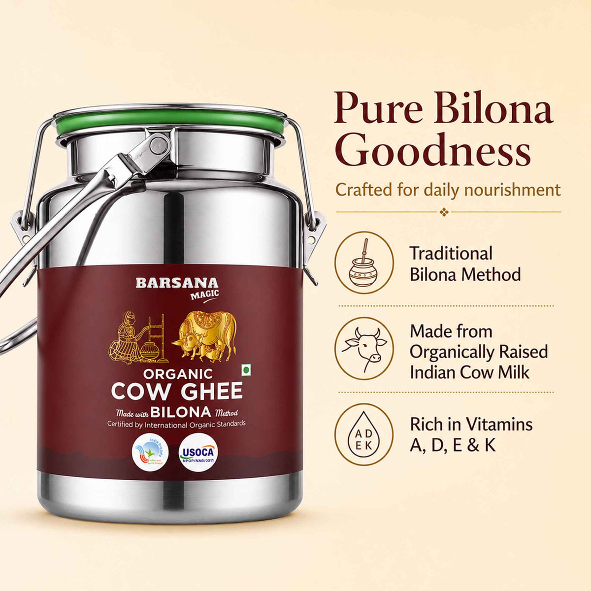 Barsana Magic and A large stainless steel ghee container with a dark red label reading 'Barsana Magic Organic Cow Ghee Made Bilona' on a beige background, alongside marketing text about Pure Bilona Goodness and product benefits.