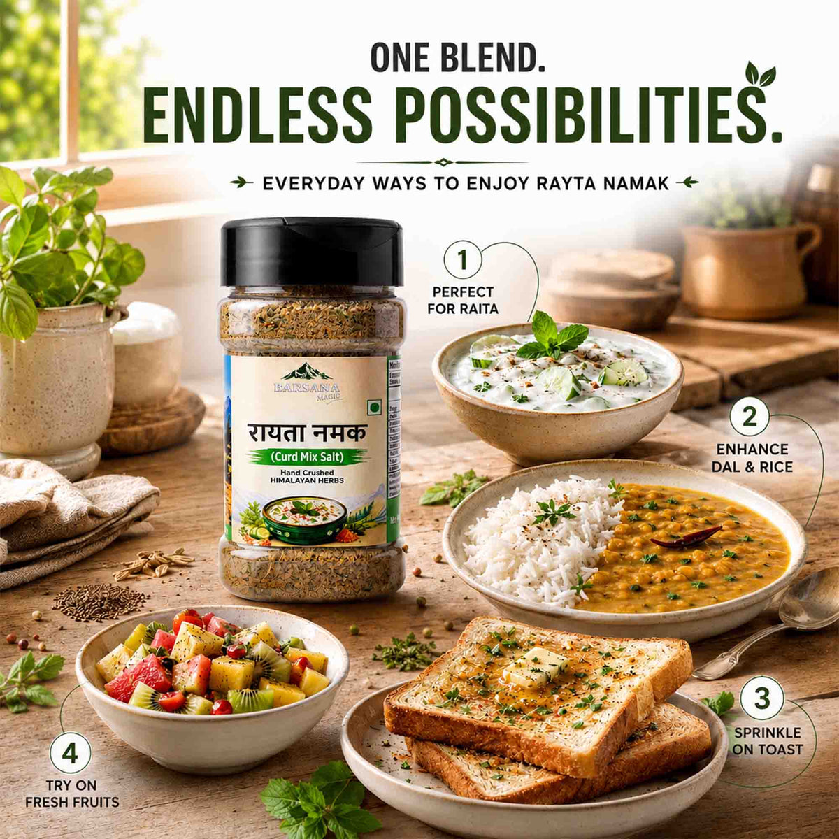Barsana Magic and A jar of Rayta Namak (Cumin Mix Salt) is displayed on a rustic wooden table surrounded by bowls of food, including rice, dal, toast, and a fruit salad, with text overlays explaining its culinary uses.