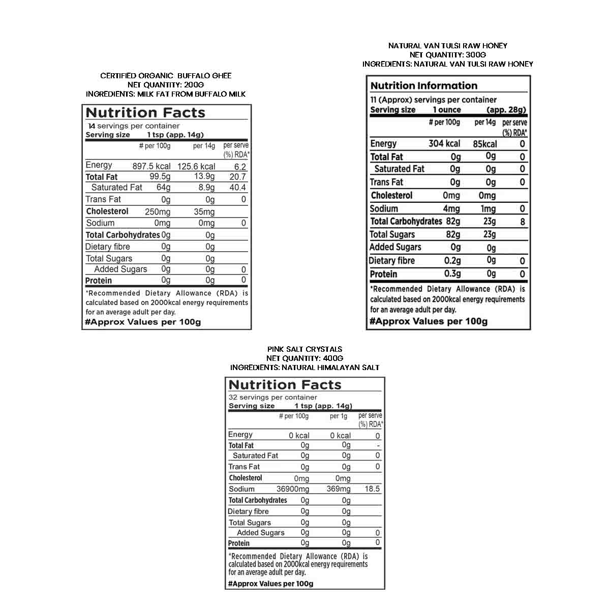 Barsana Magic and Nutrition facts label for natural vanilla raw honey and pine salt crystals on a white background