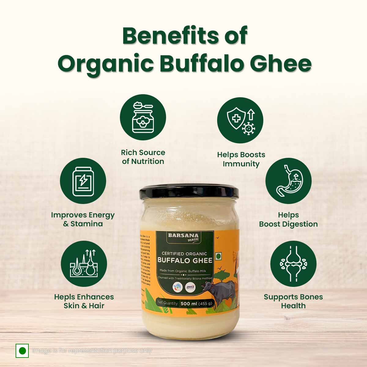 Barsana Magic and Jar of organic buffalo ghee with benefits listed on a beige background