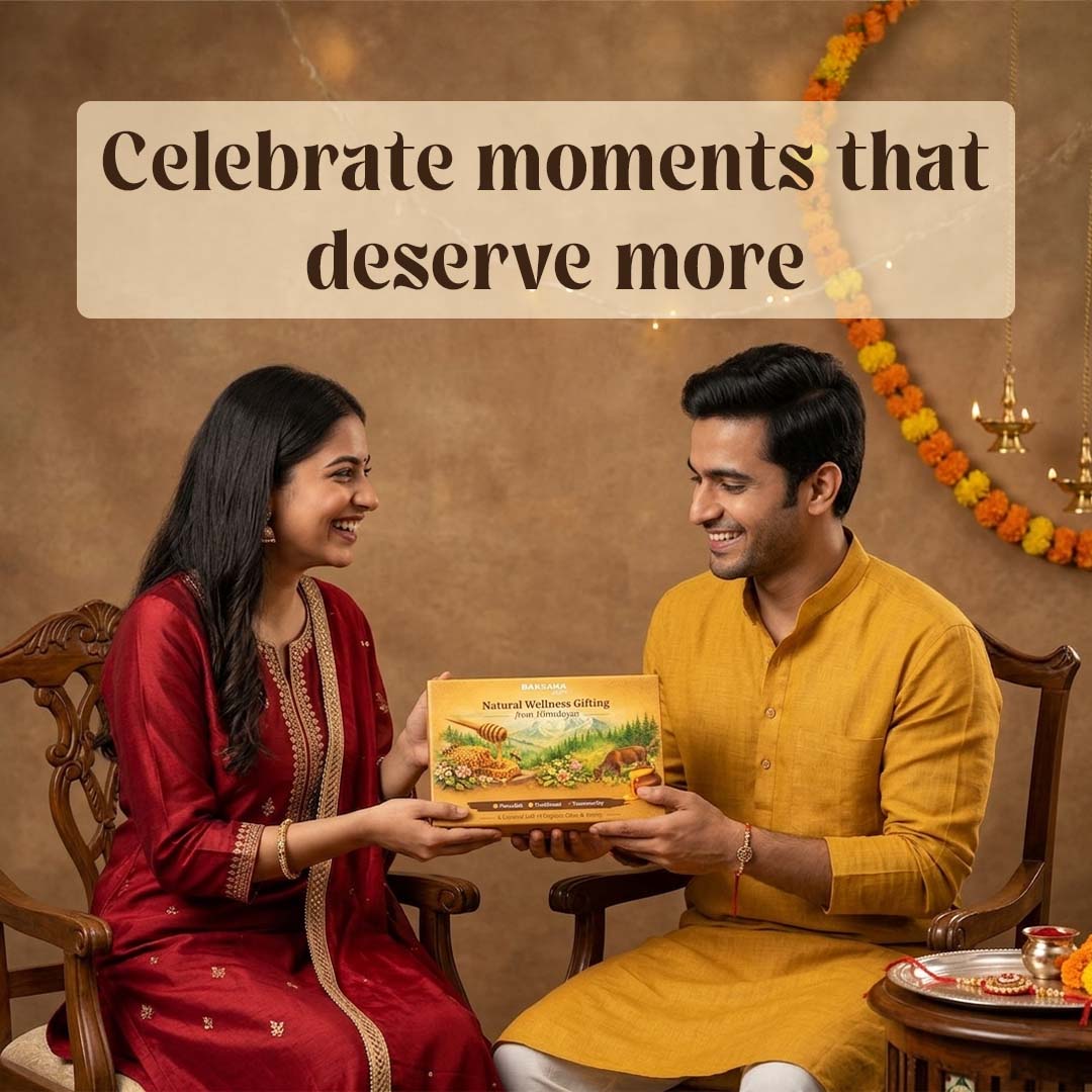 Barsana Magic and Couple in traditional attire holding a product box with decorative elements in the background.