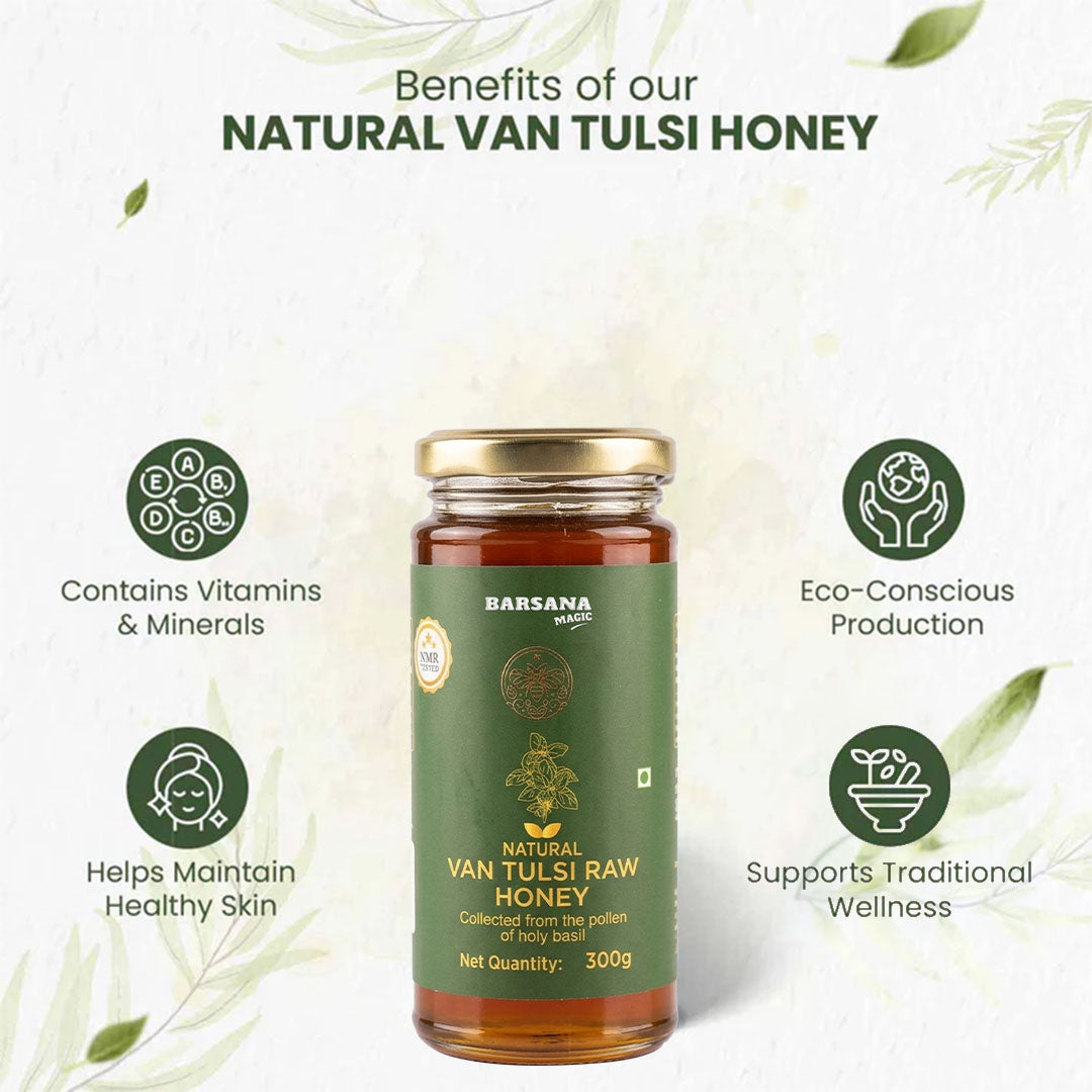 Barsana Magic and A jar of Barsana Natural Van Tulsi Raw Honey centered on a light off-white background with decorative leaves and text highlighting benefits such as vitamins, minerals, healthy skin, and traditional wellness. The jar has a dark green label and a gold metal lid.