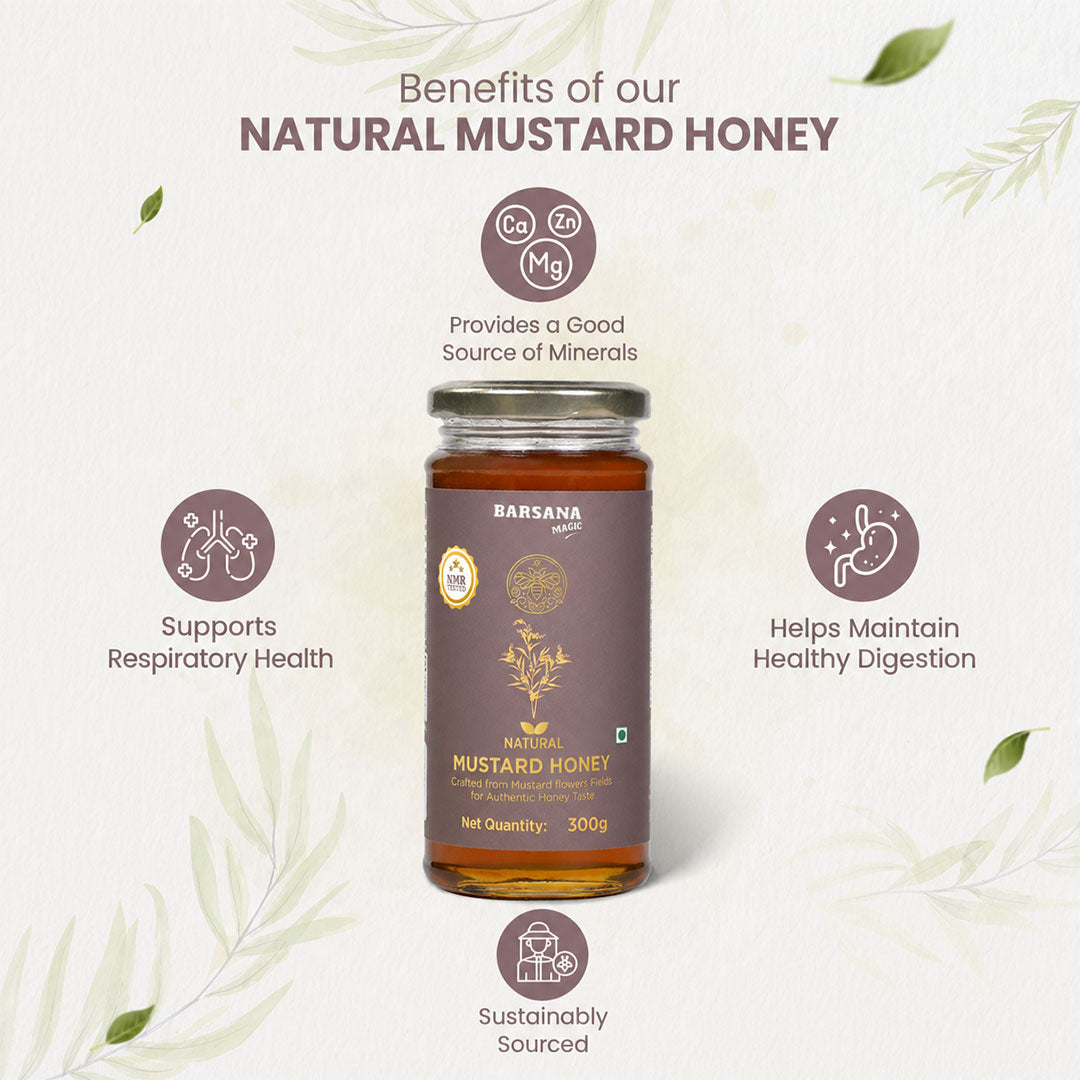 Barsana Magic and A jar of Barsana Natural Mustard Honey centered on a light cream background with decorative leaf illustrations and informational callouts about health benefits. The jar has a brown label with gold text and a silver metal lid.