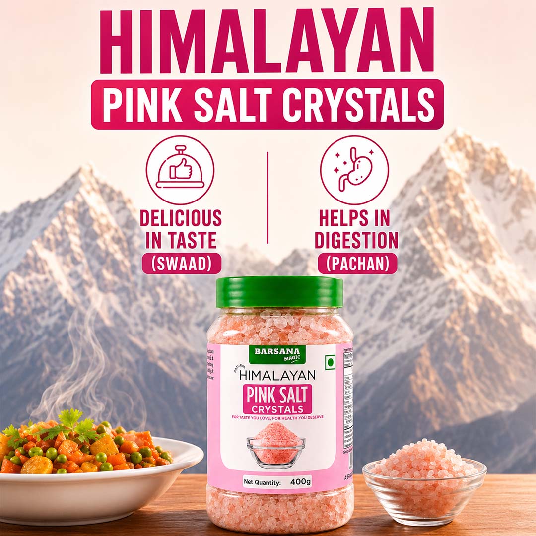 Barsana Magic and A jar of Barsana Himalayan Pink Salt Crystals displayed on a wooden surface with a bowl of mixed vegetables and a small glass bowl of salt, set against a mountain backdrop. The image includes marketing text highlighting taste and digestion benefits.