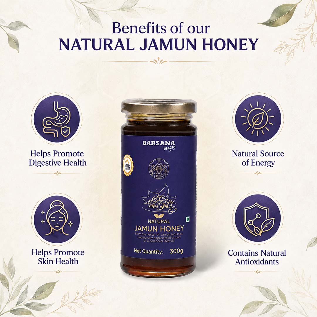 Barsana Magic and A jar of Barsana Mantri Natural Jamun Honey centered on a cream-colored background with decorative leaf borders and text highlighting health benefits. Four circular icons around the jar describe digestive, energy, skin, and antioxidant benefits.