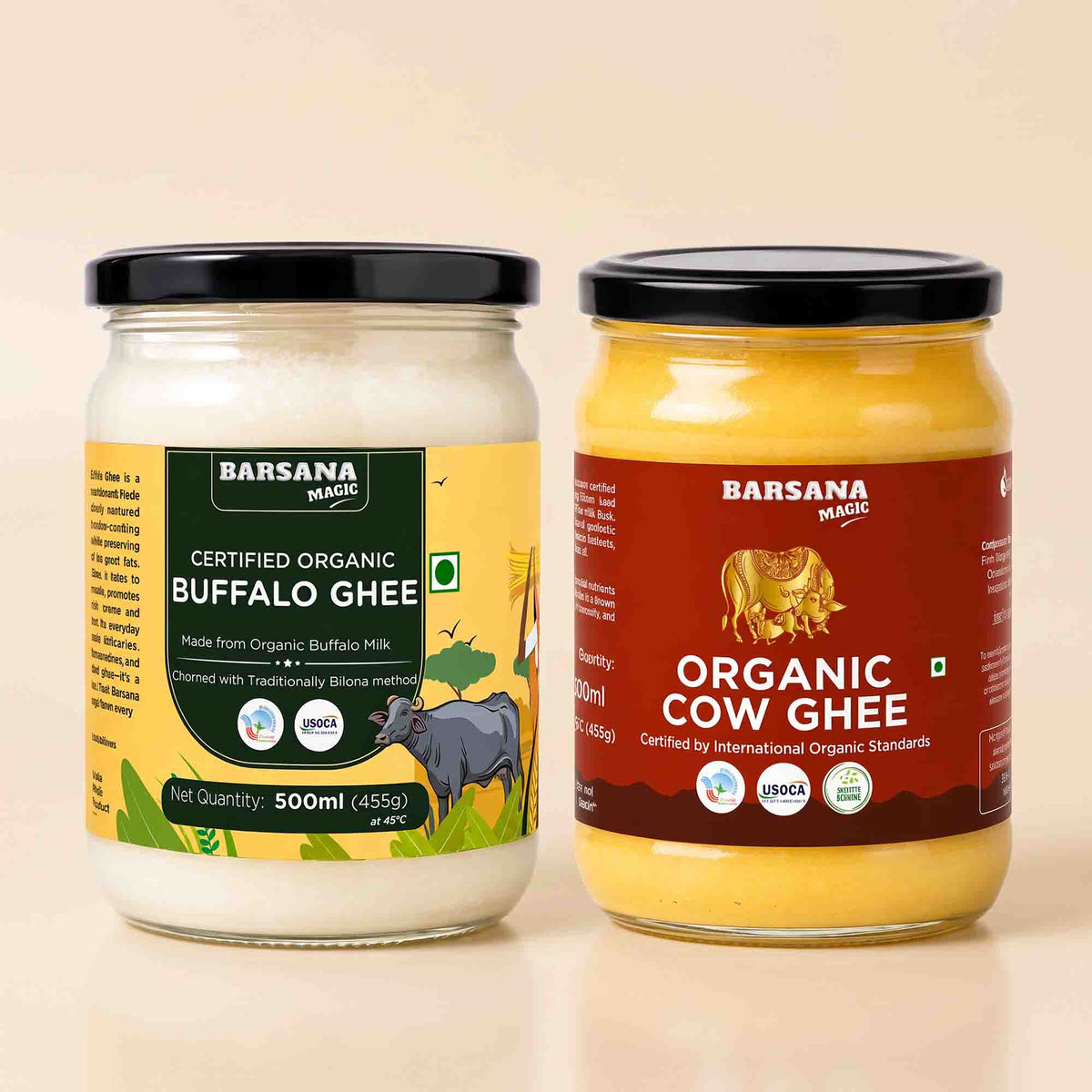 Barsana Magic and Two glass jars of organic ghee on a light beige background. The left jar contains Certified Organic Buffalo Ghee with a yellow and green label, and the right jar contains Organic Cow Ghee with a red and brown label.