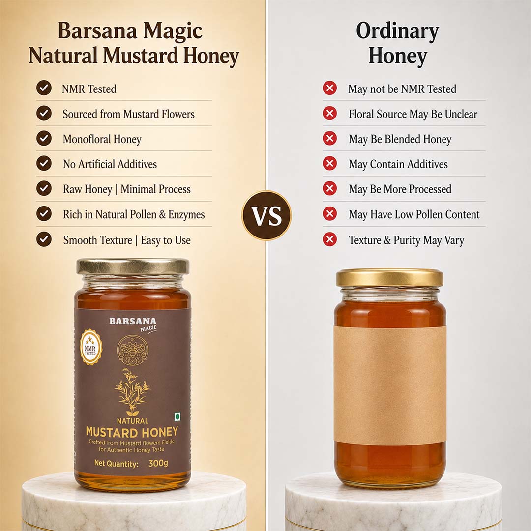 Barsana Magic and A comparison graphic for Barsana Magic Natural Mustard Honey versus Ordinary Honey. The left side shows a 300g jar of Barsana Magic honey on a white marble pedestal against a beige background, listing its benefits like NMR testing and natural sourcing.