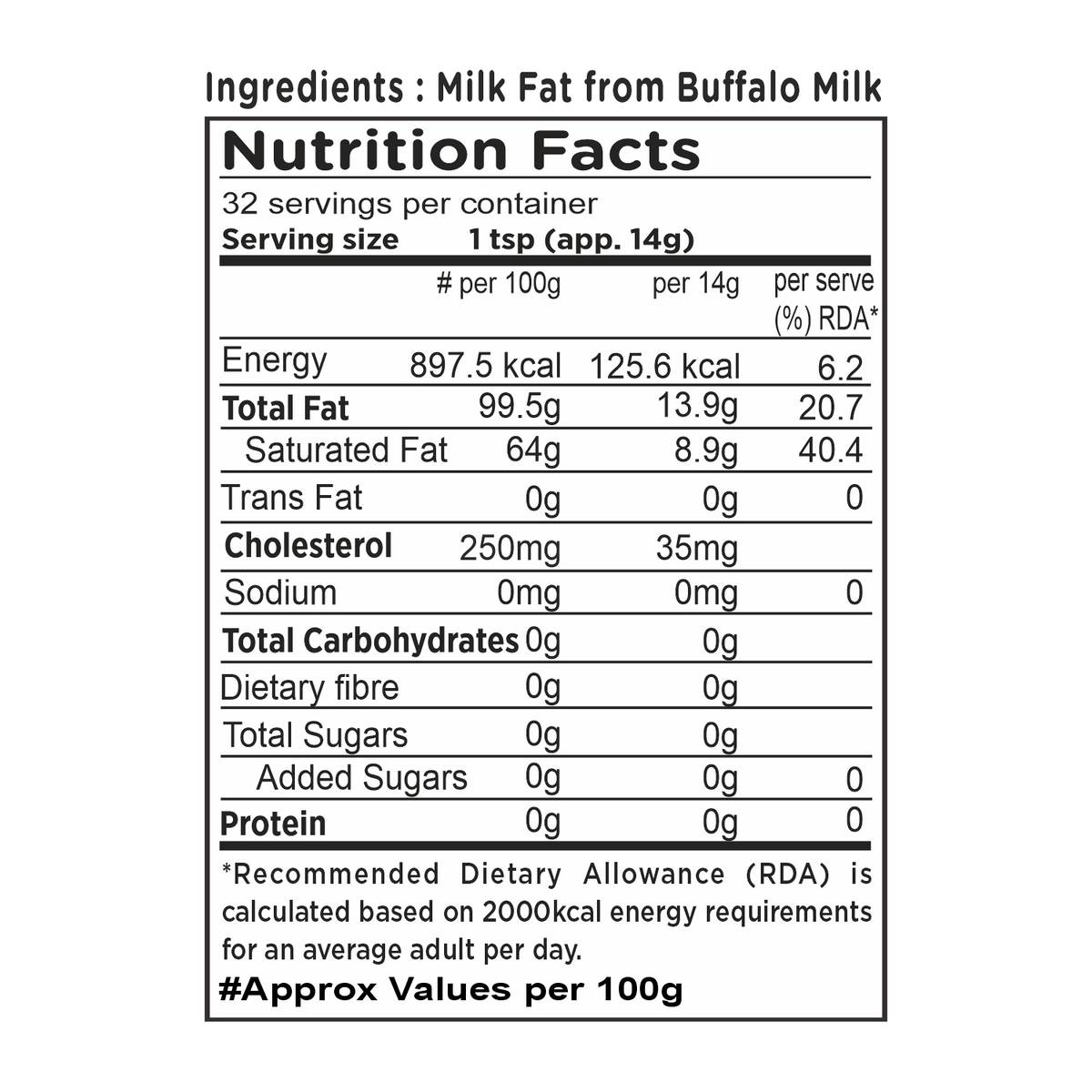Barsana Magic and Nutrition facts label for milk fat from buffalo milk with serving size, energy, fat, cholesterol, and carbohydrate content.