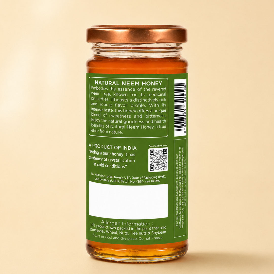 Barsana Magic and A glass jar of Natural Neem Honey shown from the back, featuring a green label with product details, a barcode, and a blank white space, topped with a copper-colored lid on a warm beige background.
