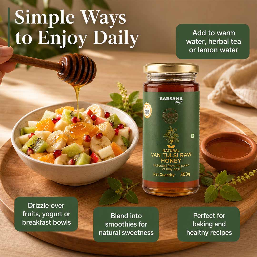Barsana Magic and A jar of Barsana Natural Van Tulsi Raw Honey displayed on a wooden tray with a bowl of fruit salad, a honey dipper, and text overlays describing its daily use.
