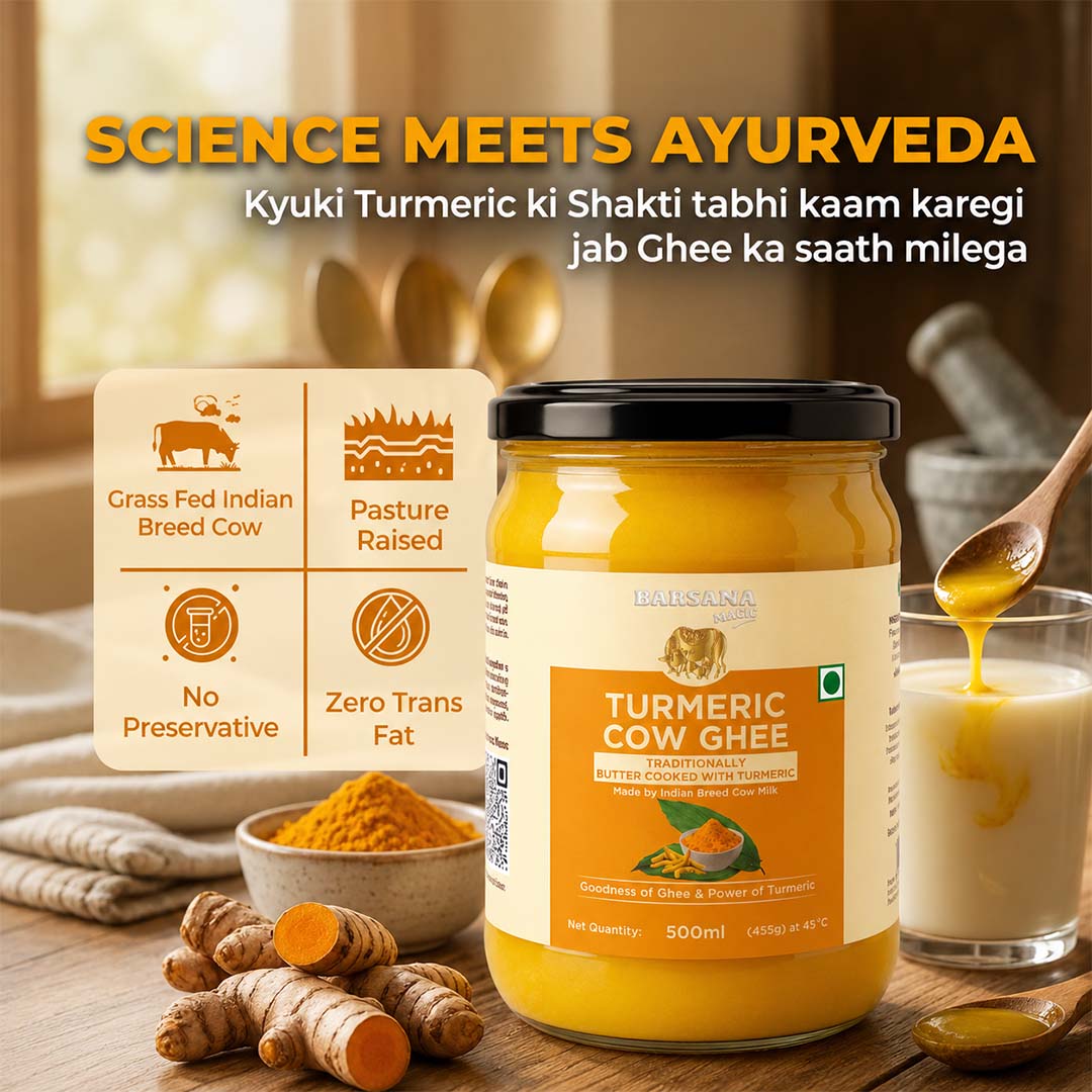 Barsana Magic and A jar of LUCKIESGAYA Turmeric Cow Ghee is displayed on a wooden table with raw turmeric roots, a bowl of turmeric powder, and a glass of mixed ghee and milk. An informational graphic on the left highlights product features like grass-fed Indian breed cow, pasture raised, no preservatives, and zero trans fat.