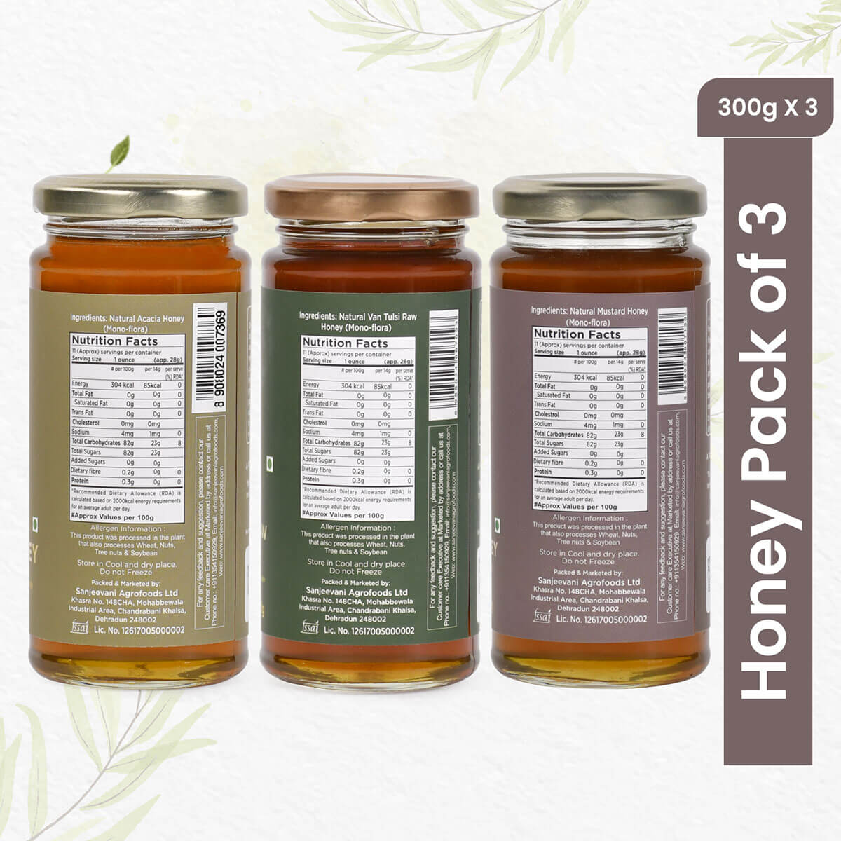 Trio of 100% natural honey jars in Acacia, Mustard, and Van Tulsi flavors, showcasing golden hues and pure, unpasteurized goodness.