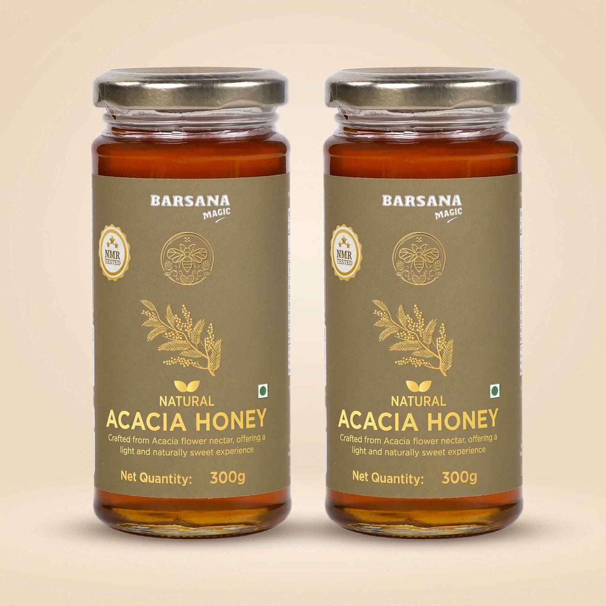 Barsana Magic and Two jars of Barsana Magic Natural Acacia Honey, 300g each, displayed side-by-side on a light beige background.