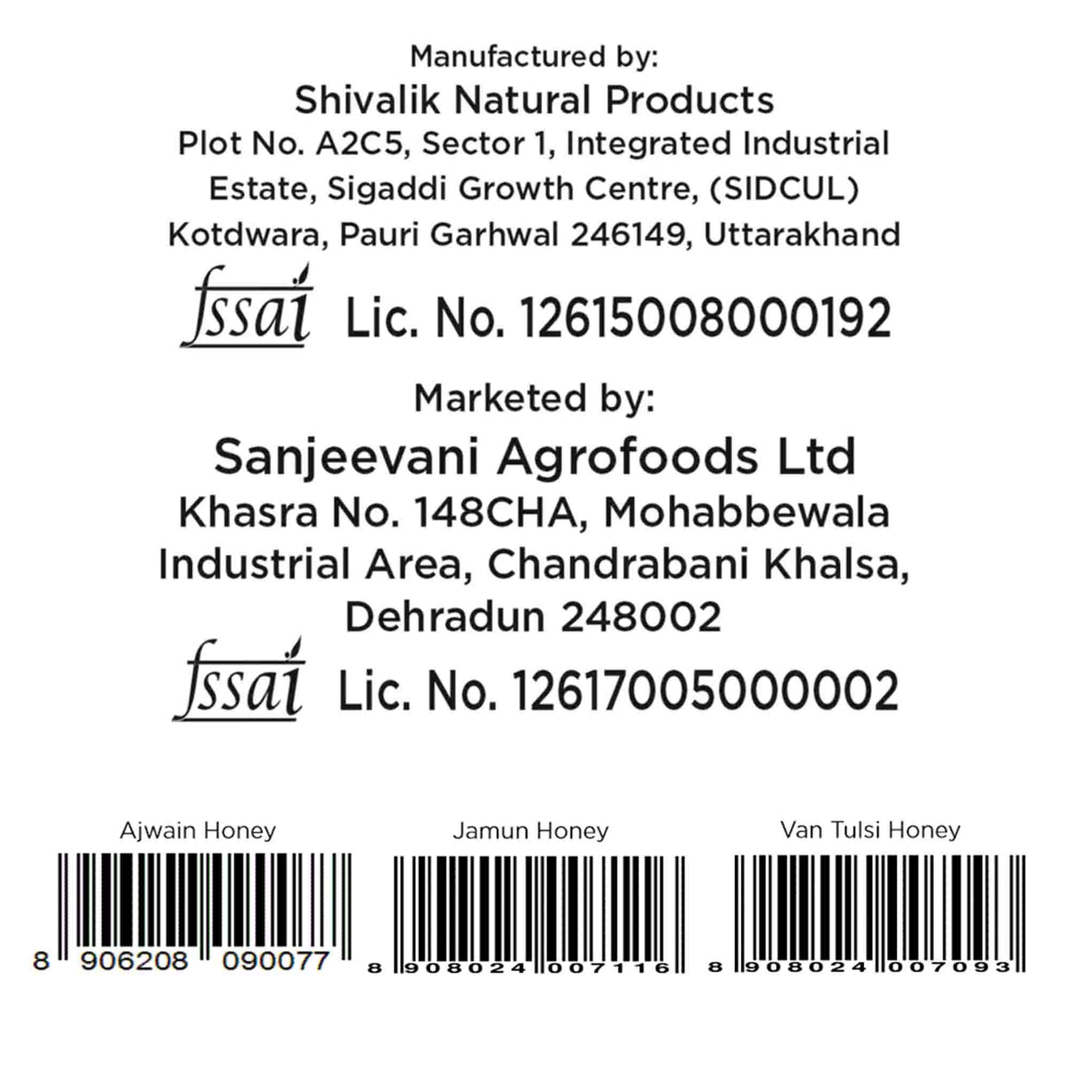 Barsana Magic and Product label with Shivalik Natural Products and Sanjeevani Agrofoods Ltd information, including SSFAS logos and barcodes.