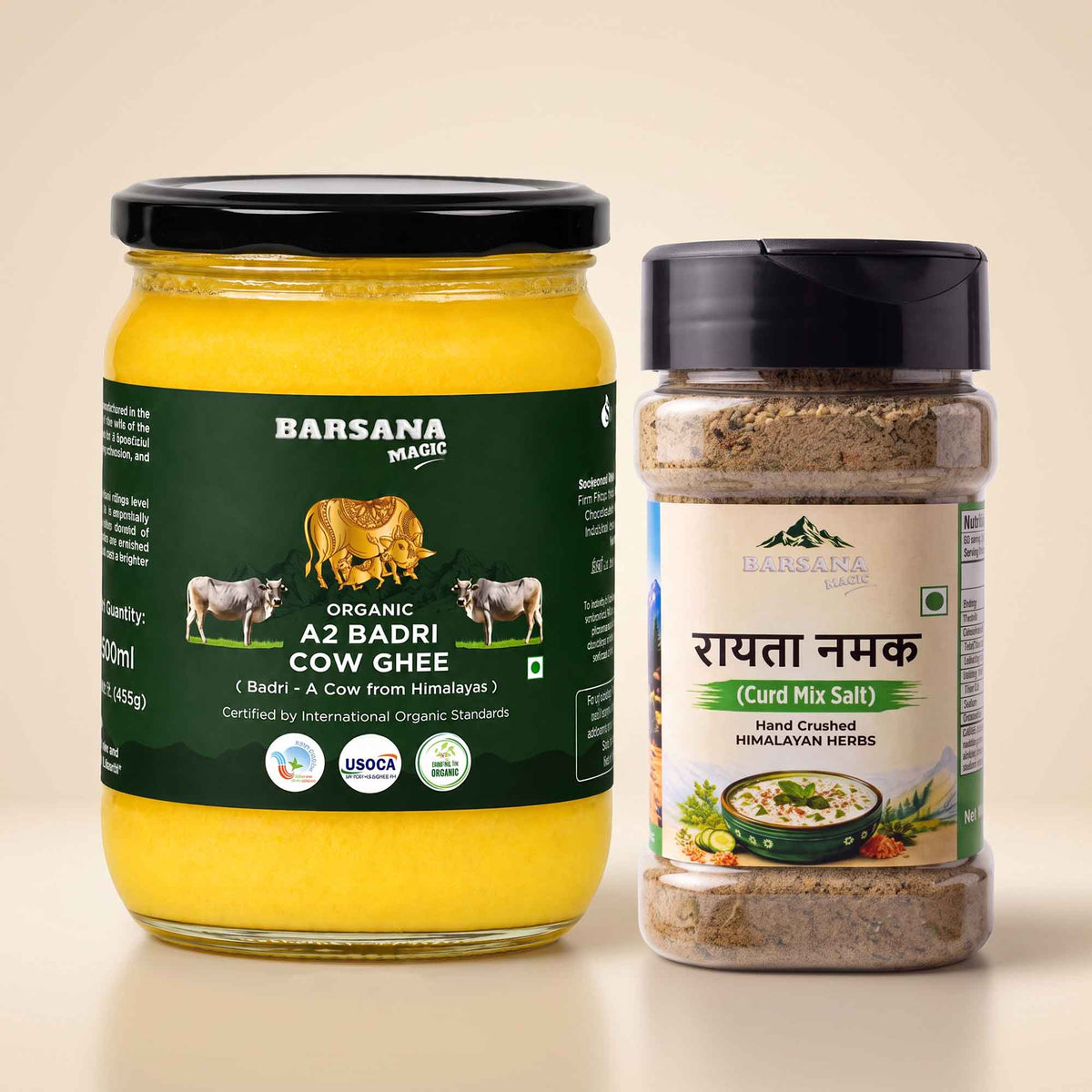 Barsana Magic and A jar of Barsana Organic Az Badri Cow Ghee and a shaker bottle of Barsana Rayyata Namak (Curd Mix Salt) displayed side-by-side on a light beige background.