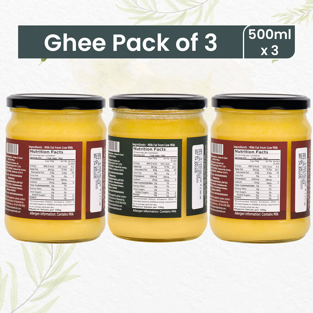 Pure Organic A2 Badri and Bilona Cow Ghee combo pack of 3, showcasing golden, rich ghee in glass jars for healthy cooking.
