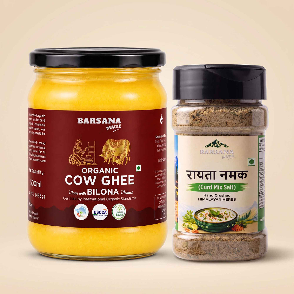 Barsana Magic and A jar of Barsana Magic Organic Cow Ghee and a jar of Barsana Magic Raw Crushed Himalayan Horses Curd Mix Salt, displayed side-by-side on a light beige background.