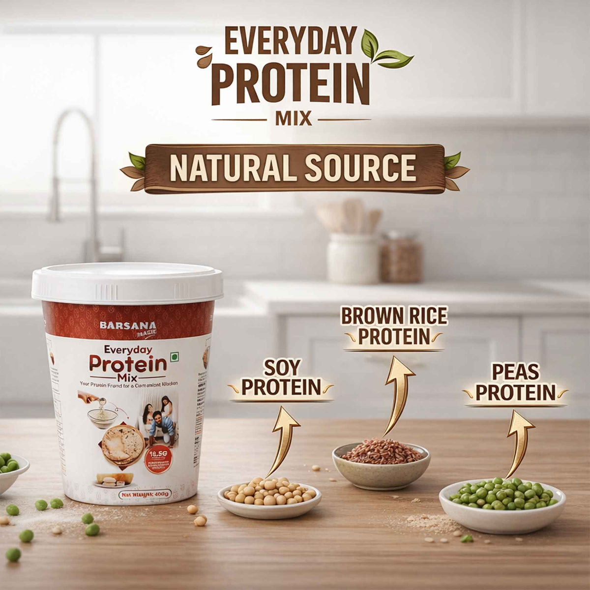 Barsana Magic and Everyday Protein Mix container with ingredients on a kitchen counter