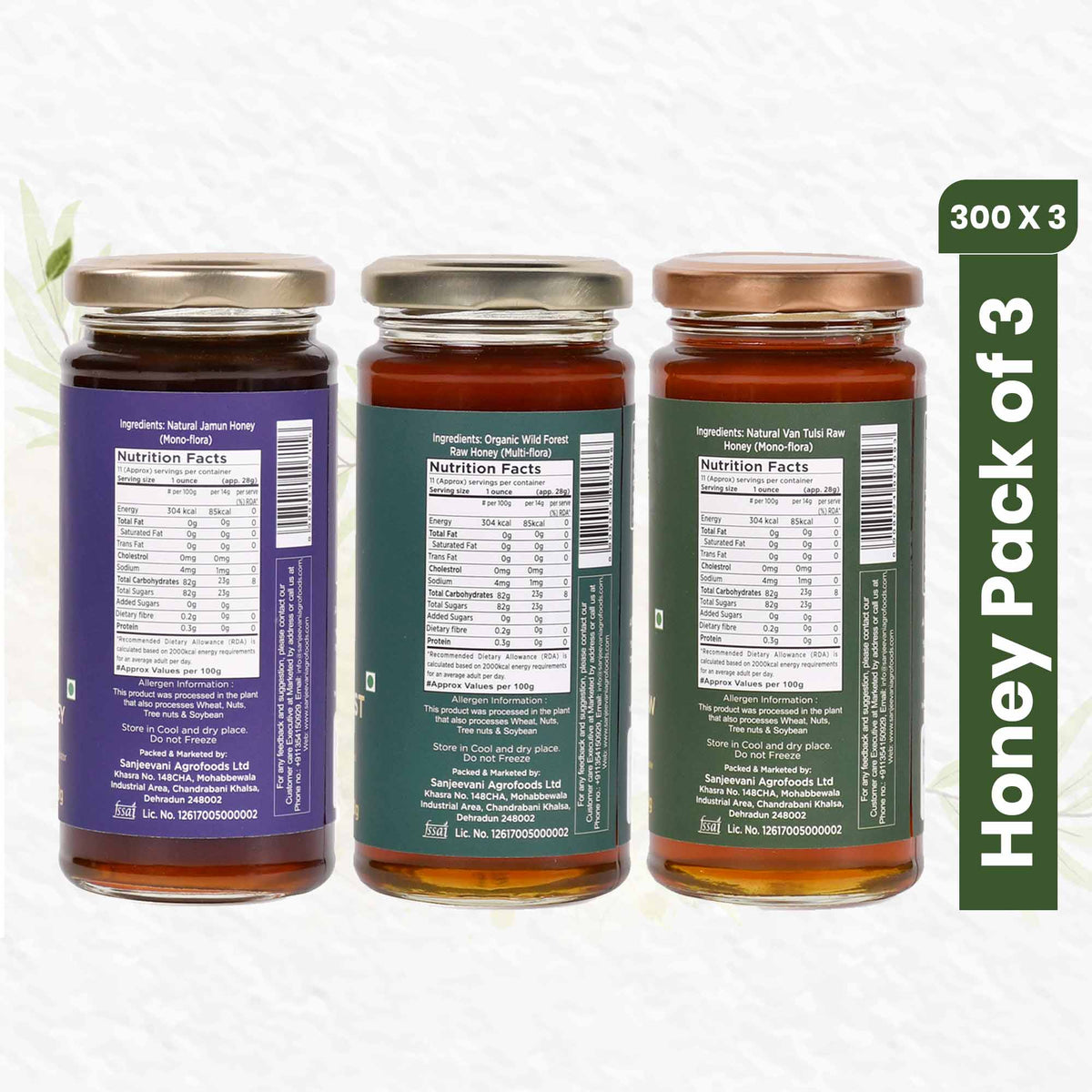 Barsana Magic and Three jars of honey with labels on a white background