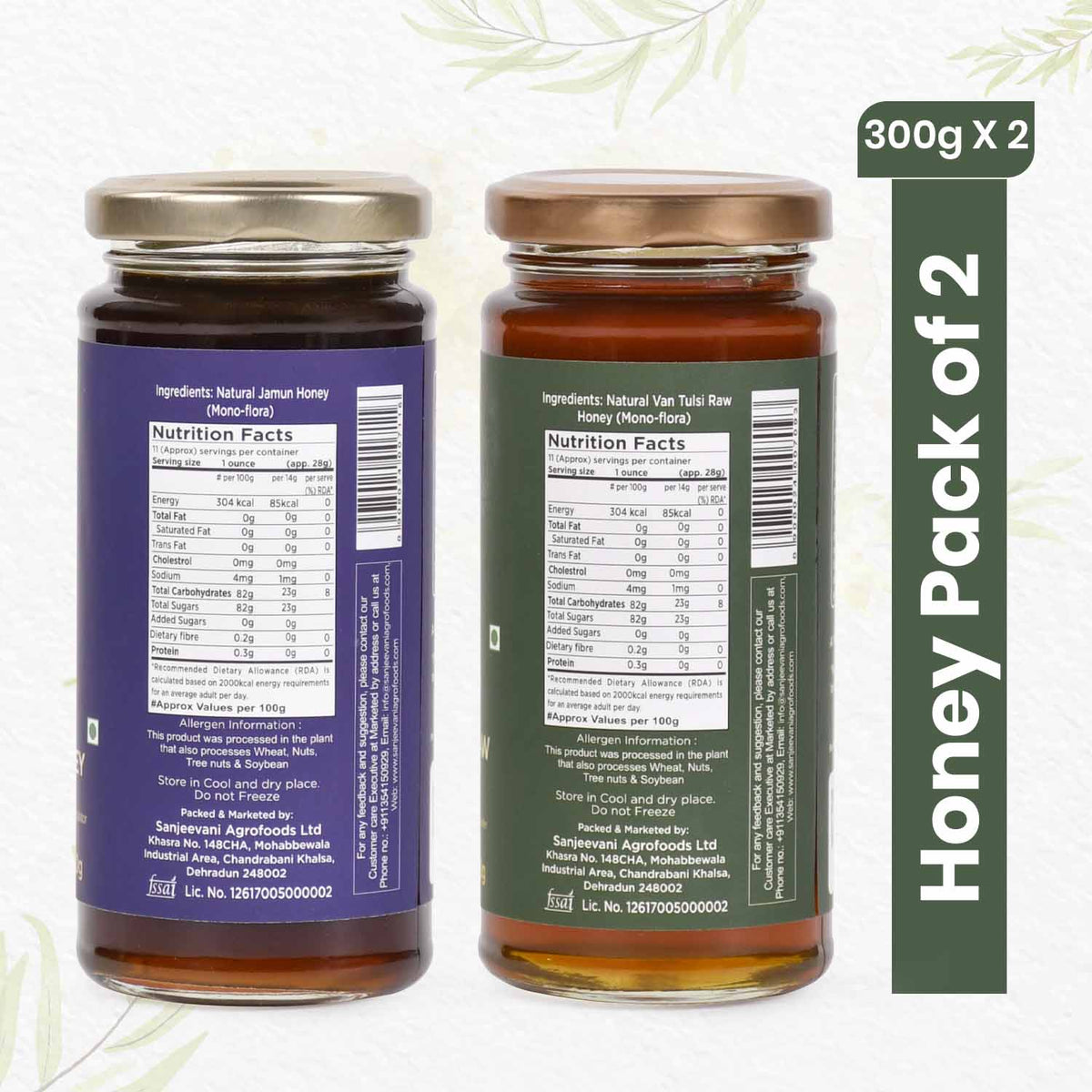 Two jars of Sanjeevani Organics' natural Jamun Honey and Van Tulsi Raw Honey, showcasing pure, golden sweetness from nature.