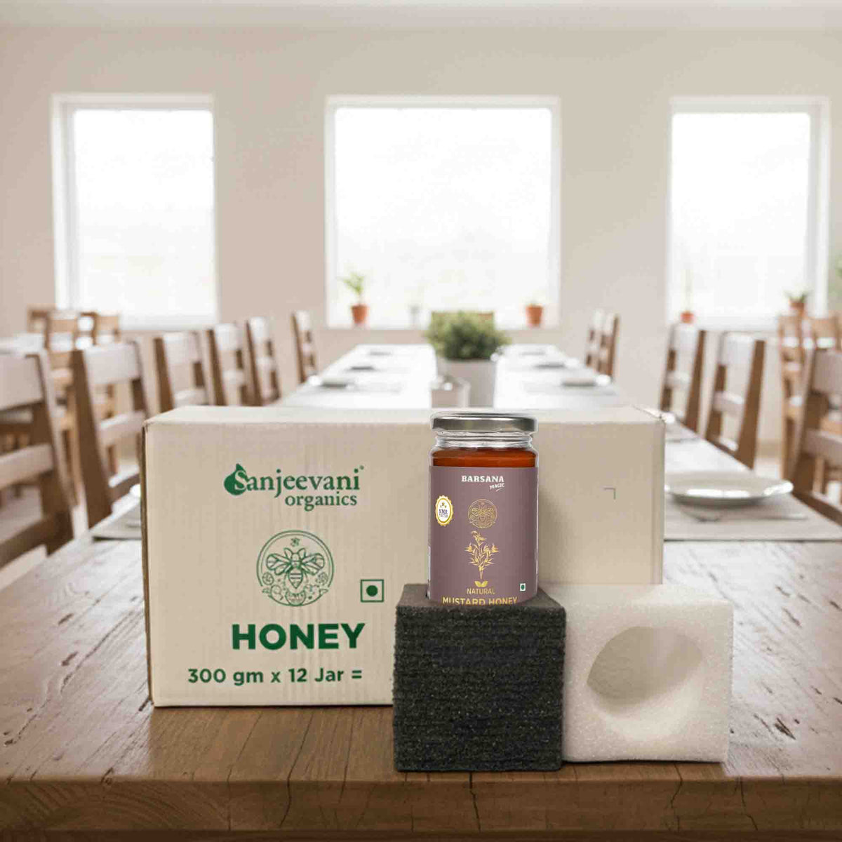 Barsana Magic and Honey jar and box on a table with 'Sanjeevani Organics' branding