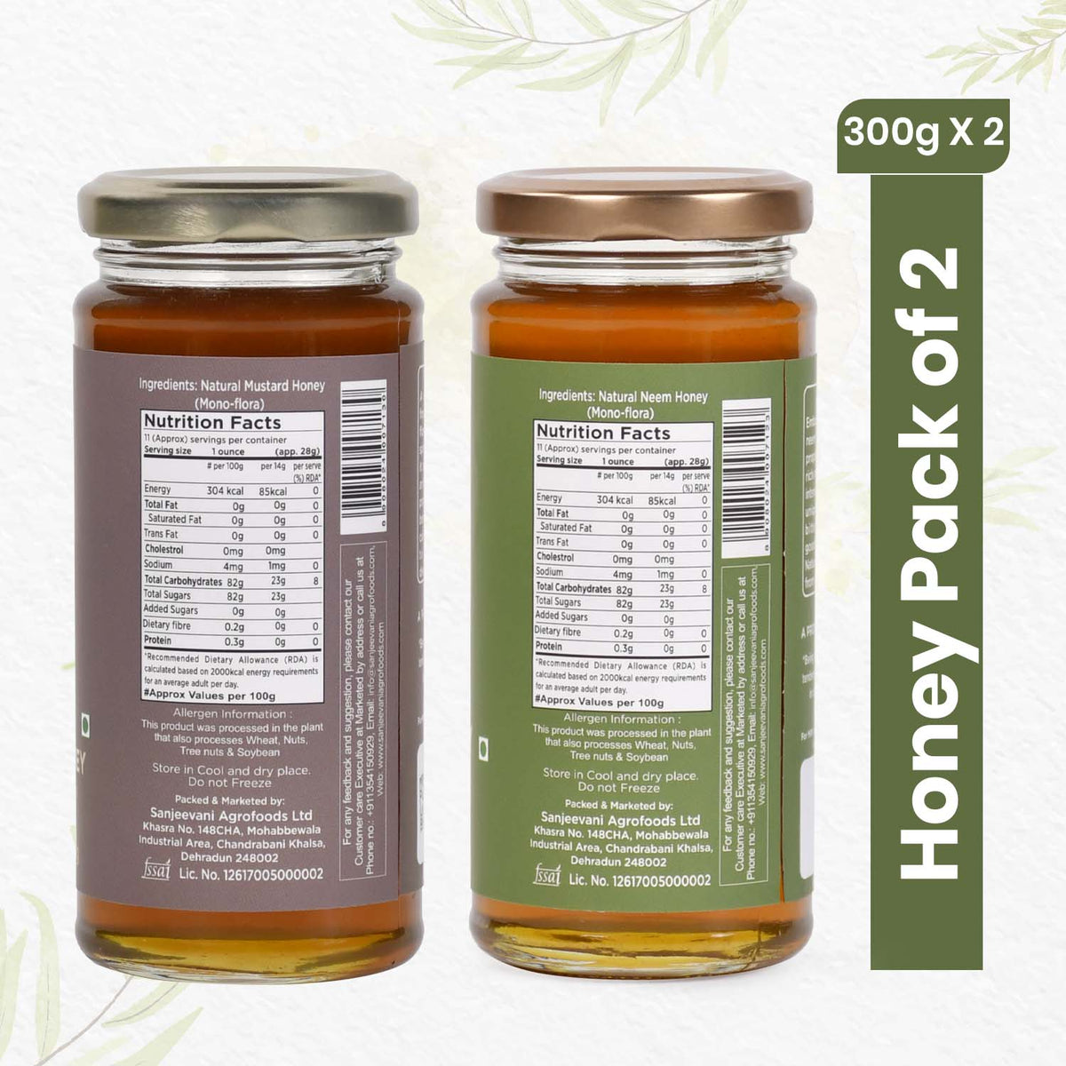 Two jars of 100% Natural Mustard Honey and Neem Honey side by side, showcasing their rich, golden and amber hues.