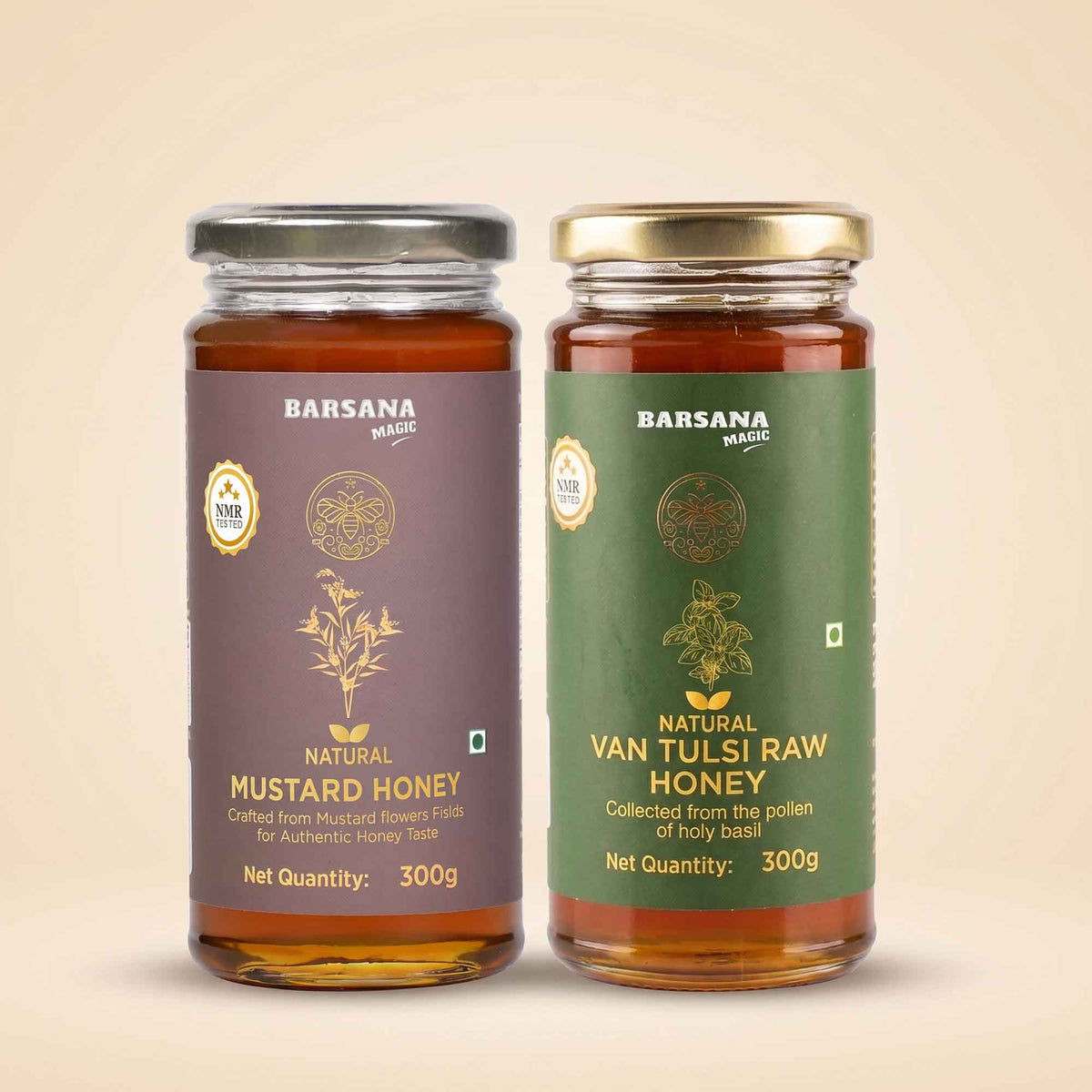 Barsana Magic and Two glass jars of Barsana Magic honey on a warm beige background. The left jar is labeled 'Natural Mustard Honey' with a dark purple label and a silver lid.