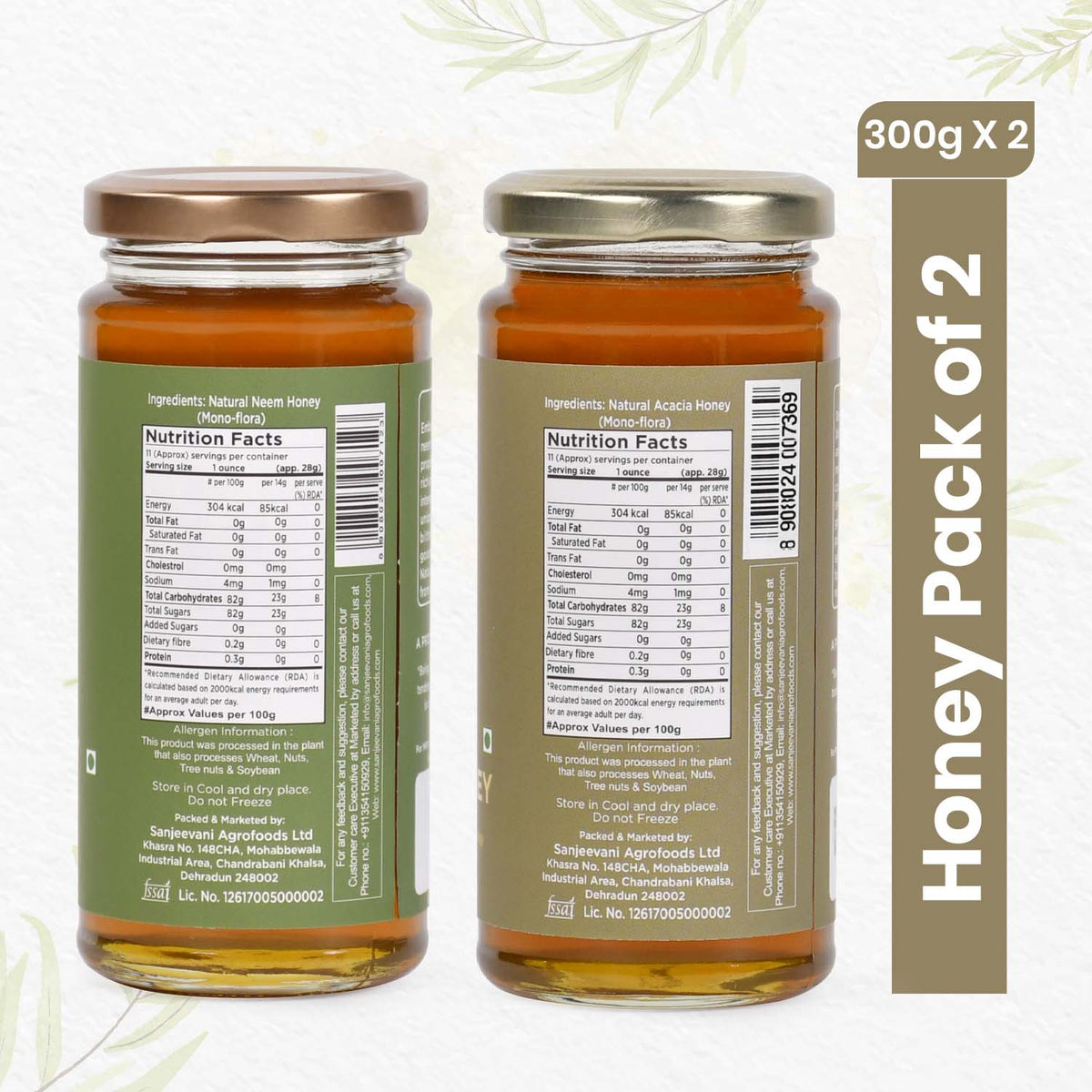 Pure Neem and Acacia Honey duo from Sanjeevani Organics, showcasing two golden jars of natural, chemical-free sweetness.
