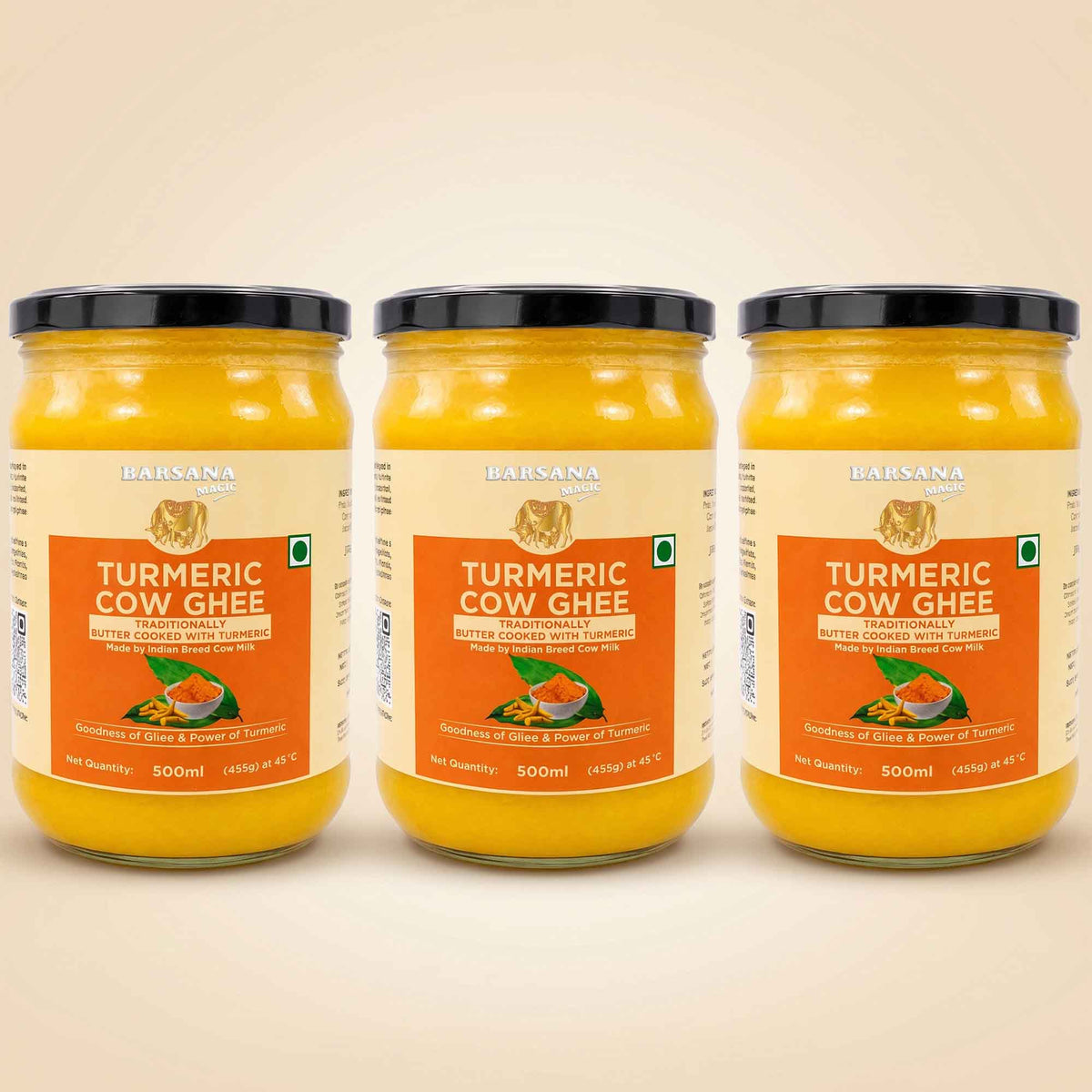 Barsana Magic and Three 500ml glass jars of Baisana Organic Turmeric Cow Ghee arranged side by side against a light beige background.