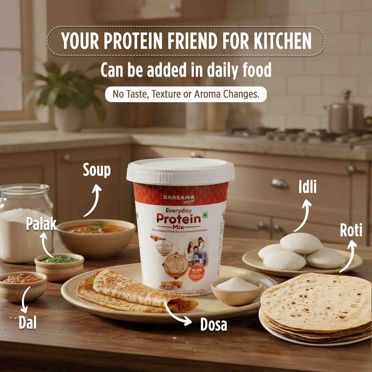 Barsana Magic and Bar Sansa Everyday Protein Mix container on a kitchen counter with various Indian dishes.