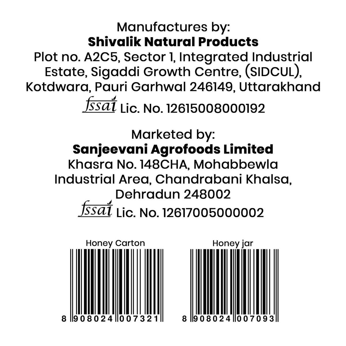 Barsana Magic and Back of a honey product packaging with Shivalik Natural Products and Sanjeevani Agrofoods Limited branding, along with barcodes.