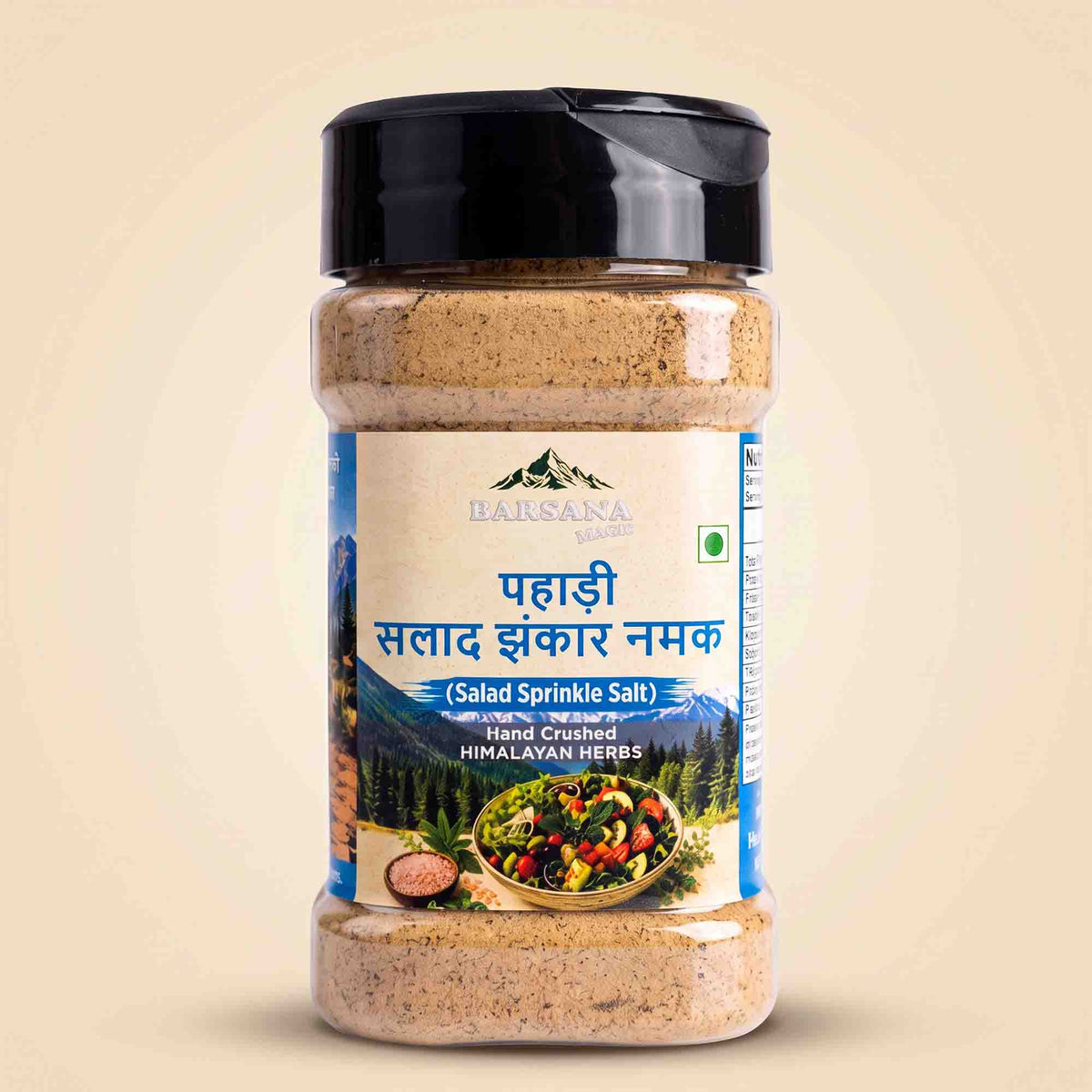 Barsana Magic and A bottle of Parsana Himalayan Hand Crushed Salt with a black lid and a colorful label, set against a light beige background.