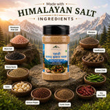 Barsana Magic and A jar of Himalayan salt stands in the center of a scenic mountain landscape with labeled ingredients arranged around it in small bowls, including Himalayan pink salt, black salt, hemp seeds, garlic, cumin seeds, sichan pepper, green chili, dry red chili, bharjeer, and gandhryayan.