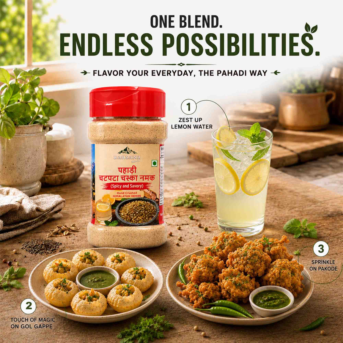 Barsana Magic and A jar of Pahari Chotdy Patki (dry and ready) is displayed on a rustic wooden table alongside prepared food plates, a glass of lemon water, and promotional text overlays explaining the three-step process.