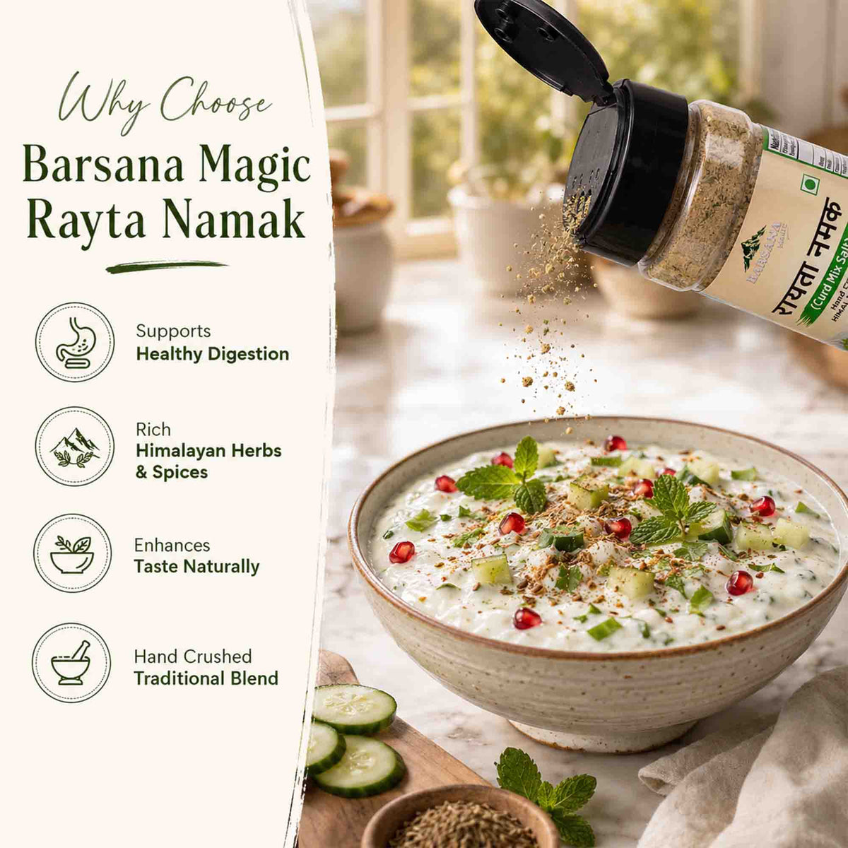 Barsana Magic and A bottle of Barsana Magic Rayta Namak spice blend is shown open with seasoning being sprinkled over a bowl of raita, alongside text listing benefits such as supports healthy digestion and rich Himalayan herbs & spices.
