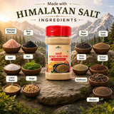 Barsana Magic and A jar of Himalayan salt stands on a large rock in a mountain landscape, surrounded by labeled bowls of ingredients including Himalayan pink salt, black salt, sugar, mint, lemon powder, ginger, cumin seeds, hemp seeds, Sichuan pepper, gandhryan, and bharjee. Large text at the top reads 'Made with HIMALAYAN SALT INGREDIENTS'.
