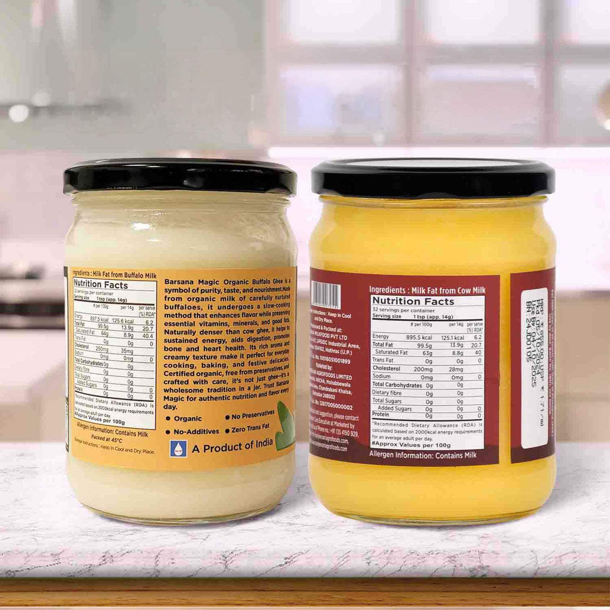 Barsana Magic and Two jars of banana magic on a kitchen counter with labels showing nutritional information.