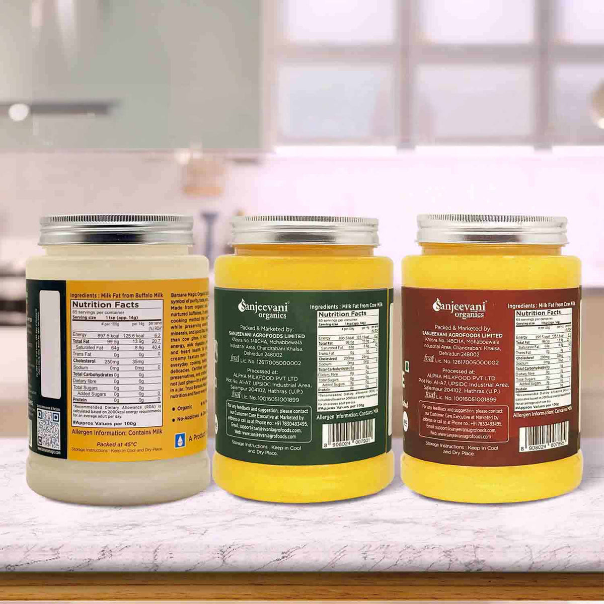 Barsana Magic and Three jars of Sanjeevani product on a kitchen counter with labels facing the camera.
