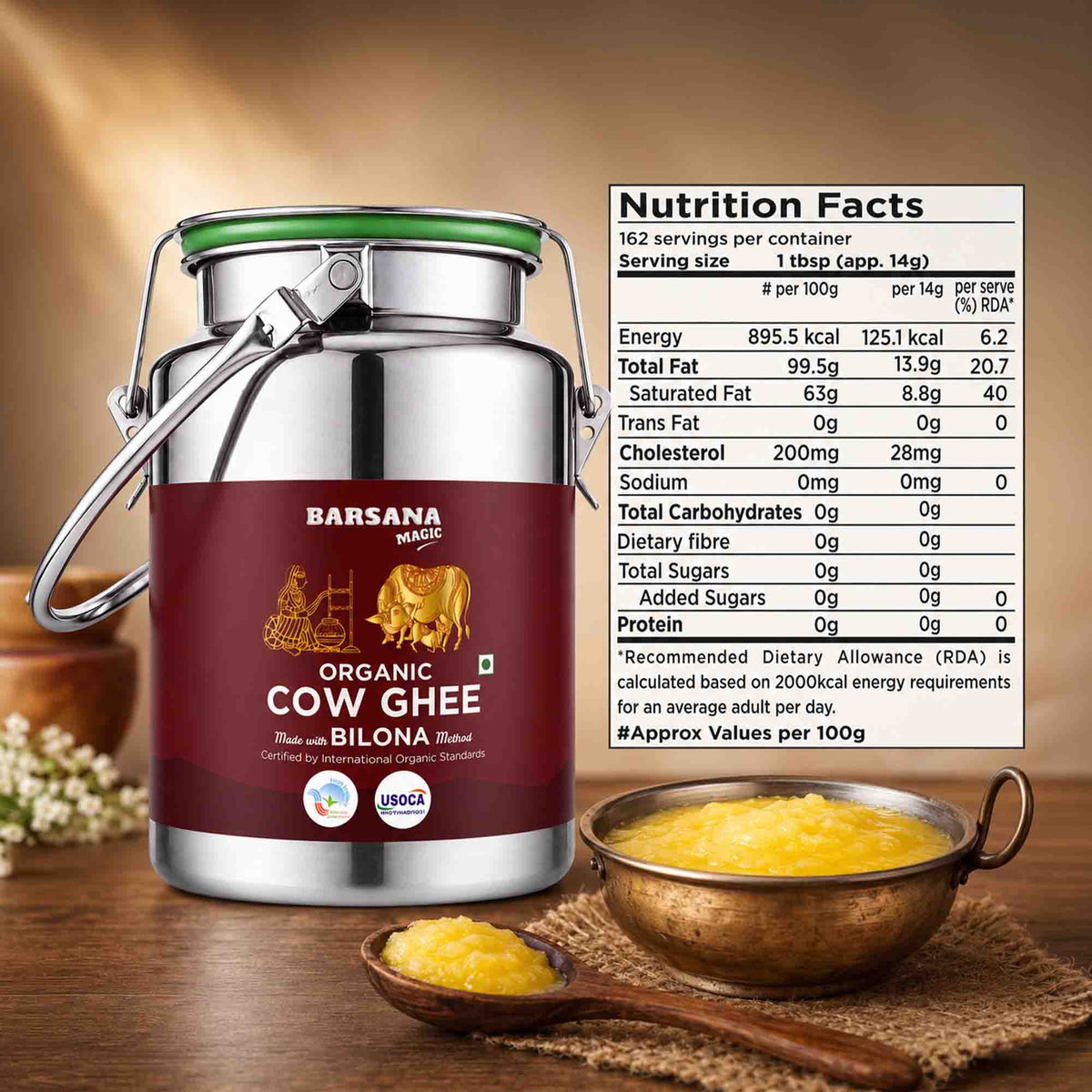 Barsana Magic and A large stainless steel canister of Barsana Organic Cow Ghee with a dark red label, shown on a wooden surface with bowls of yellow ghee and a nutrition facts panel displayed on the right.