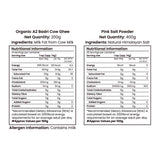 Barsana  Magic and Nutritional information labels for Organic A2 Badri Cow Cow Ghee and Pink Salt Powder on a white background.