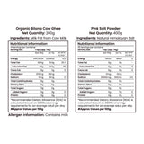 Barsana Magic and Nutritional information labels for Organic Bilona Cow Ghee and Pink Salt Powder on a white background.
