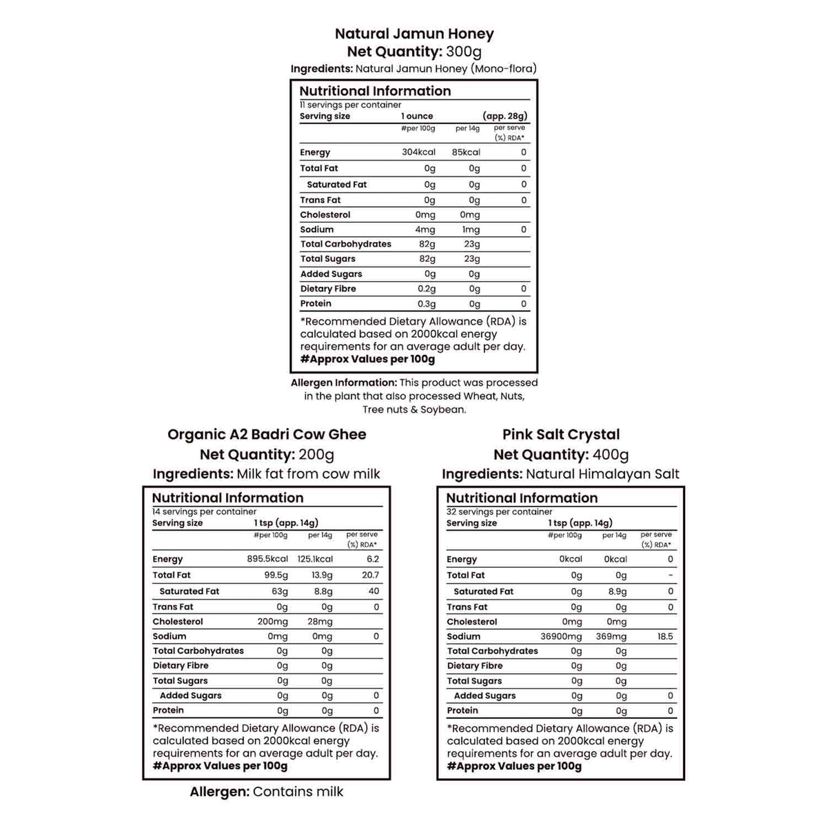 Barsana Magic and Nutritional information labels for Jamun Honey, Cow Ghee, and Pink Salt Crystal on a white background.